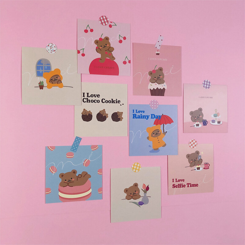 Kawaii Ins Bear-marcapáginas de tarjetas para niños, accesorio de decoración, impermeable, para fotos, regalo, 9 unids/paquete