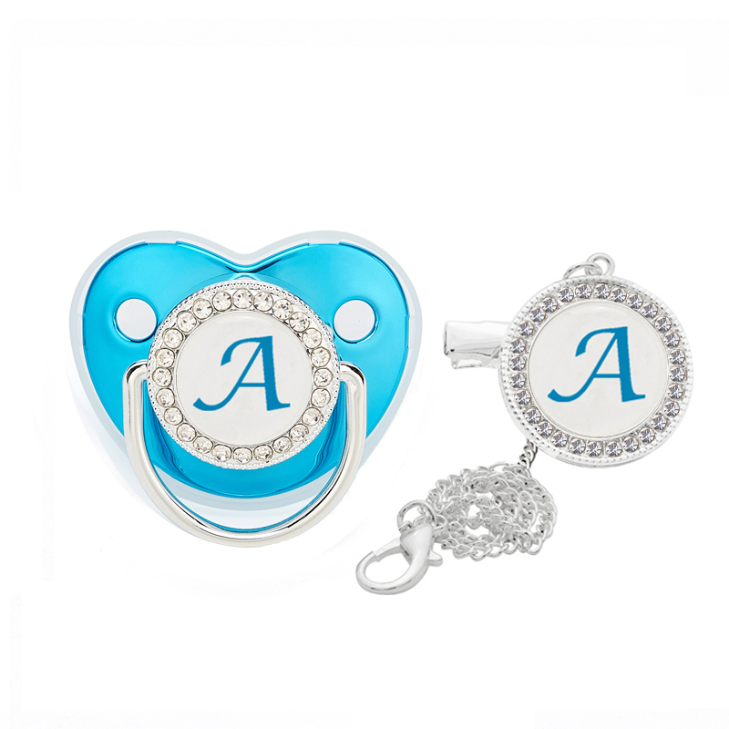 Blue Initial Alphabet Baby Pacifier Clip Lids Bling Newborn Silicone Pacifiers Nipple Teether Dummy Soother Clip