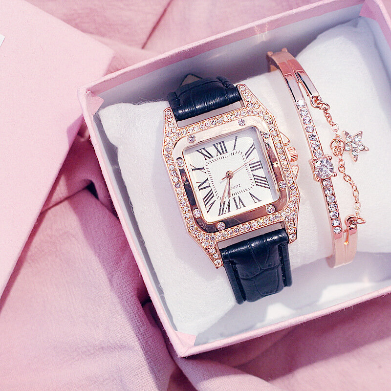 Reloj de pulsera con esfera cuadrada estrellada de diamante para mujer, conjunto de cronógrafos de pulsera, de cuero, de cuarzo, femenino