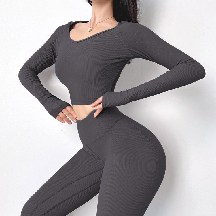 Jaket Yoga Wanita Bergaris Nilon Atasan Lari Kaus Lengan Panjang Ketat Baju Fitness Atasan Pakaian Olahraga Yoga