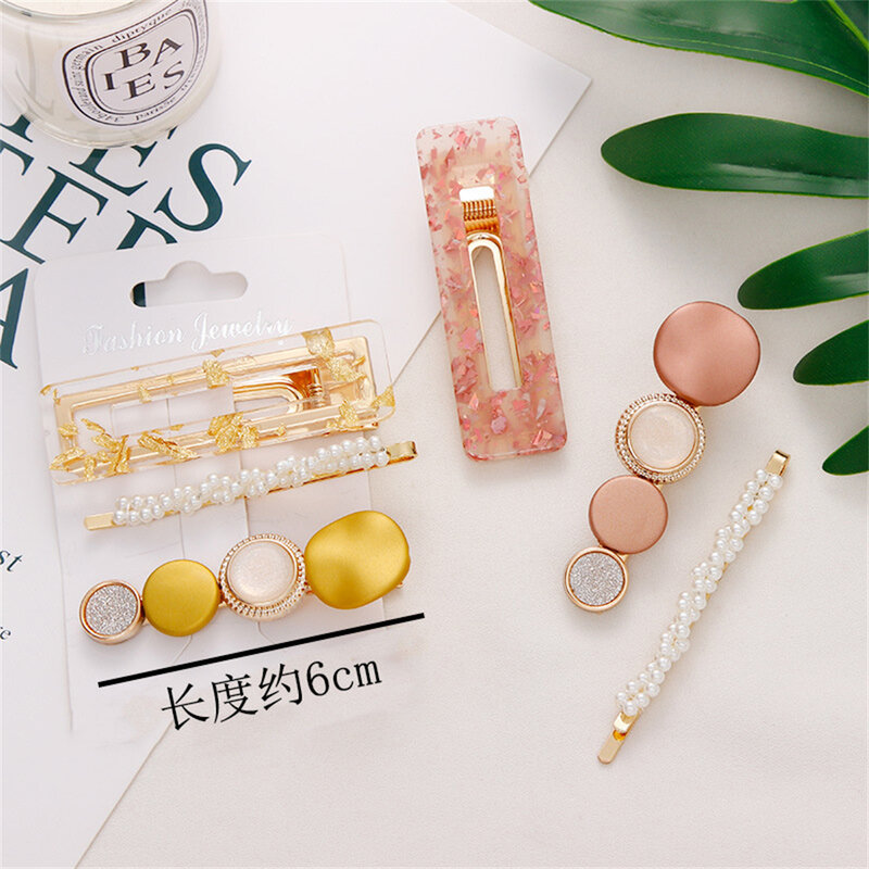 3PCS/Set Korean Acrylic Hair Clips For Women Hair Accessories Fashion Jewelry Simulated Pearl Hairpins Geometric Gold Barrettes
