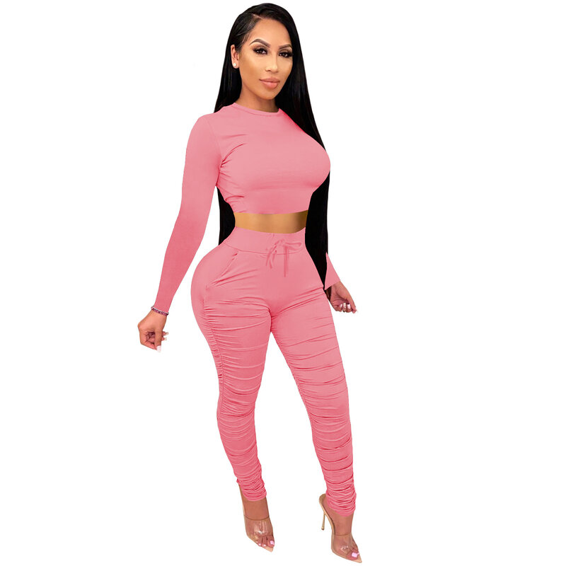 Autumn Women Tracksuit Two Piece Set Stacked Pleated Shirt And Long Pants Sportsuit Matching Set For Women Outfit