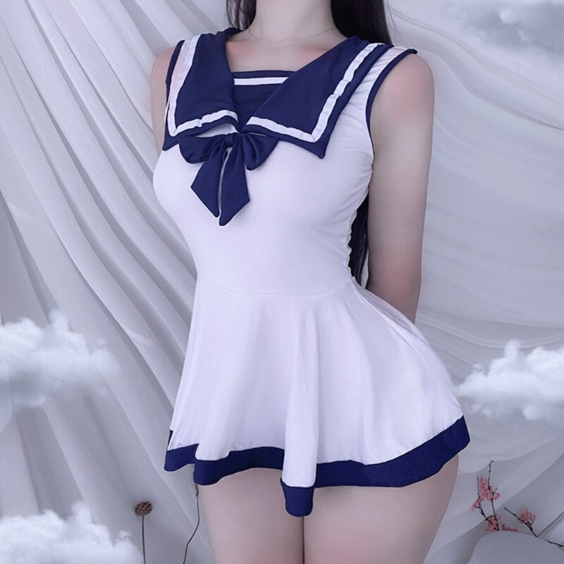 Blanco y azul dulce estudiante divertido uniforme seductora papel mono divertido ropa interior femenina japonés adulto traje de marinero