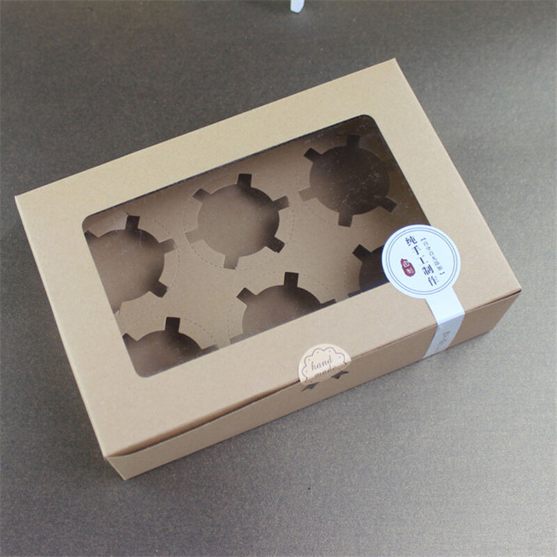 12個6グリッドケーキボックスペーパーカップケーキパッキングボックス (クラフト紙、ステッカー)