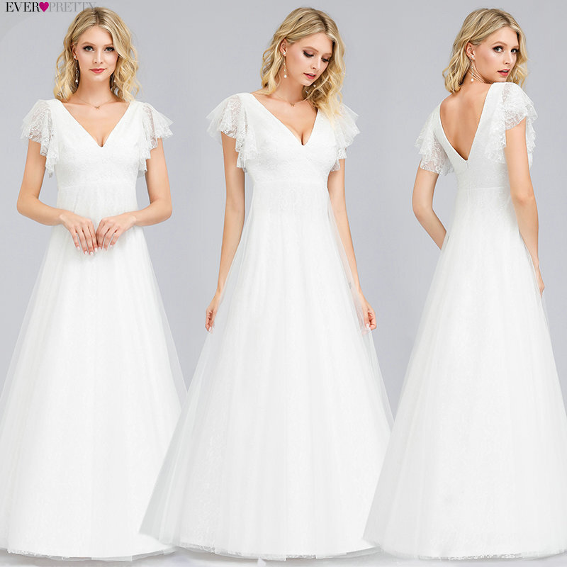 Elegante Hochzeit Kleider Immer Ziemlich EP00707WH A-Line V-ausschnitt Langarm Spitze Illusion Brautkleider Für Braut Robe De Mariee
