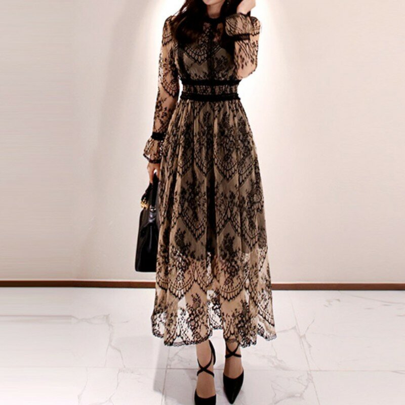 2020 Spring Elegant Sexy Women Vintage Lace Long Sleeve O-Neck Robe Femme OL High Waist Casual Slim Party Dresses