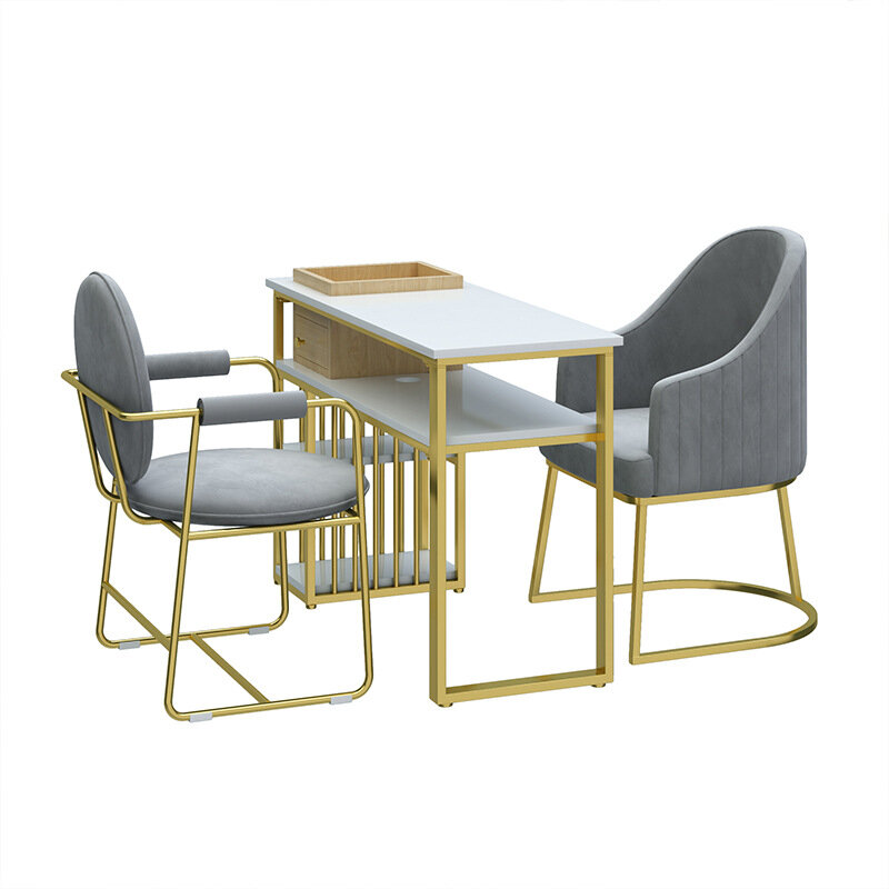 無垢材のネイルテーブルと椅子の2層,引き出し付きネイルテーブル,経済的なゴールドテーブルセット
