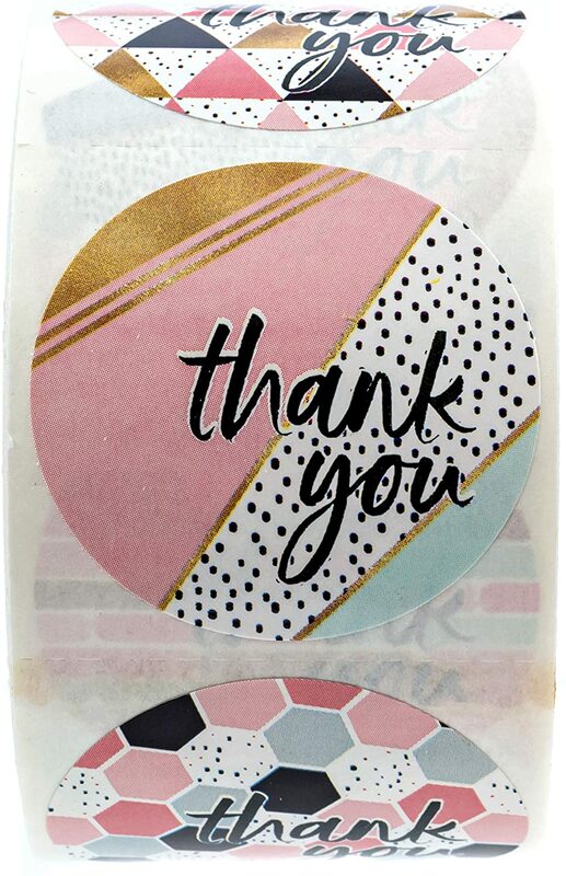 1.5" Geometric Modern Thank You Stickers / 8 Different Thank You Designs with Faux Glitter / 500 Thank You Stickers Per Roll