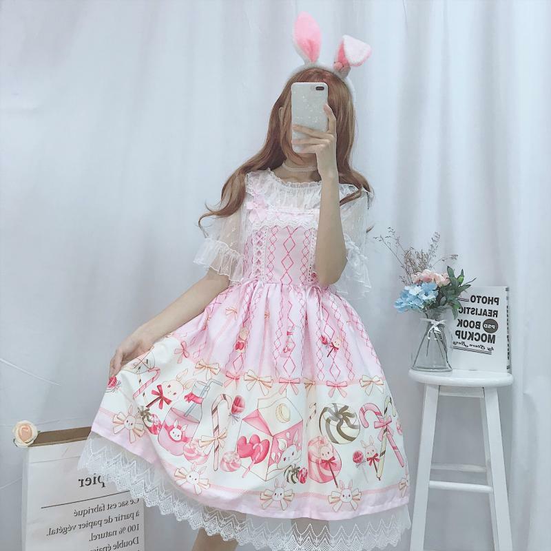 Japanese JSK Lolita Kawaii Pink Dress Women Summer Sweet Soft Girl Wind Cute Cartoon Lolita Suspender Dress Cute Costume