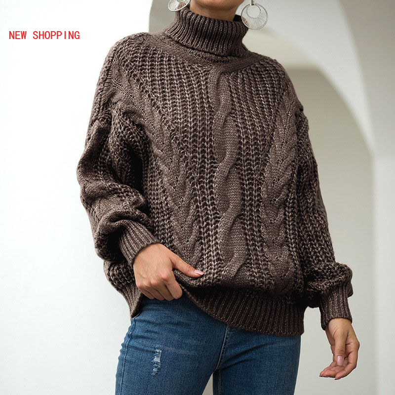 Pulôver feminino de tricô gola alta, pulôver feminino folgado, elegante, de malha, sólido, em cores sólidas, novo, 2021