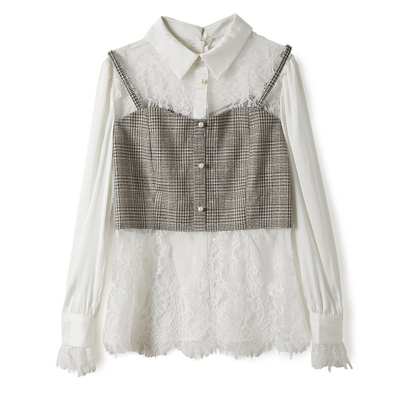 Женская блузка из двух предметов, приталенная блузка на молнии сзади с маленькими лацканами и кружевными рукавами, весна-осень 2021