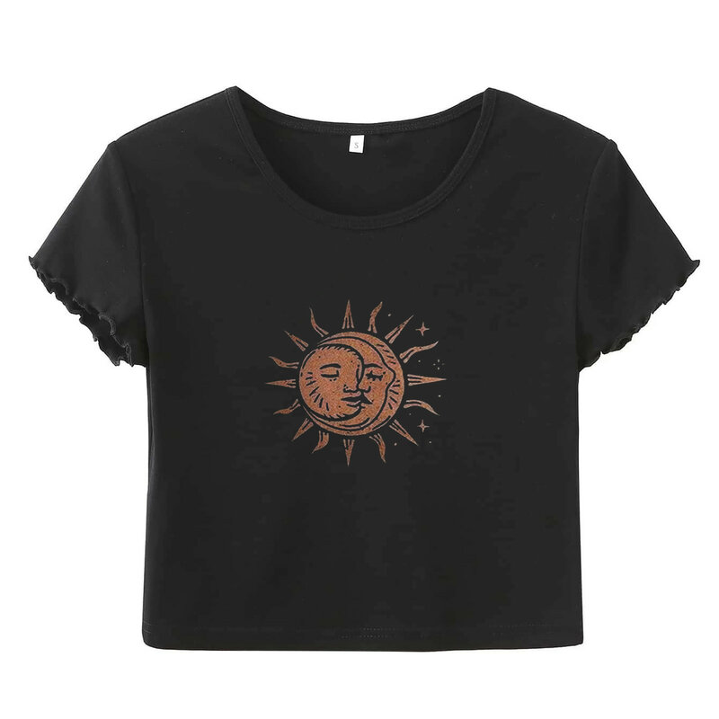 Moda sexy topos feminino 2021 verão sun moon print umbigo camiseta de manga curta em torno do pescoço topo