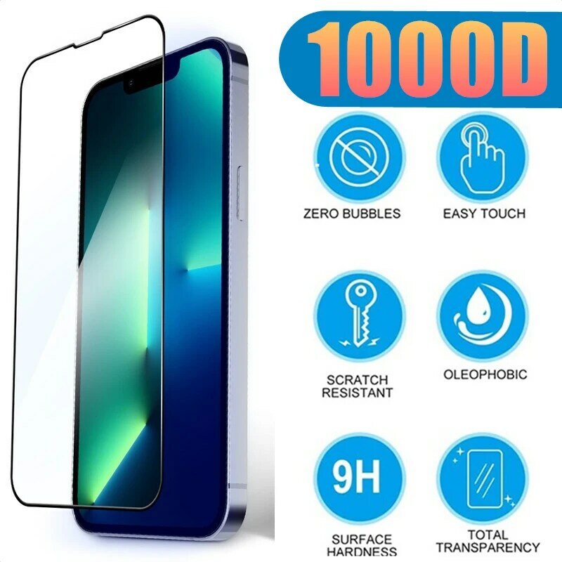 1000D Pelindung Layar Penutup Penuh untuk iPhone 13 12 11 Pro MAX Mini X XS Max XR Kaca Antigores untuk iPhone 7 8 Plus SE 2020 Kaca