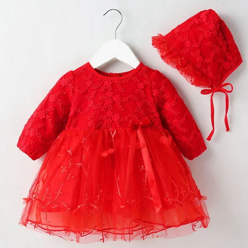 2022 Toddler Girl Princess Red Lace Dress Kid Baby Party Wedding Pageant Gown Formal Dresses+Hat New Year Clothing Sets