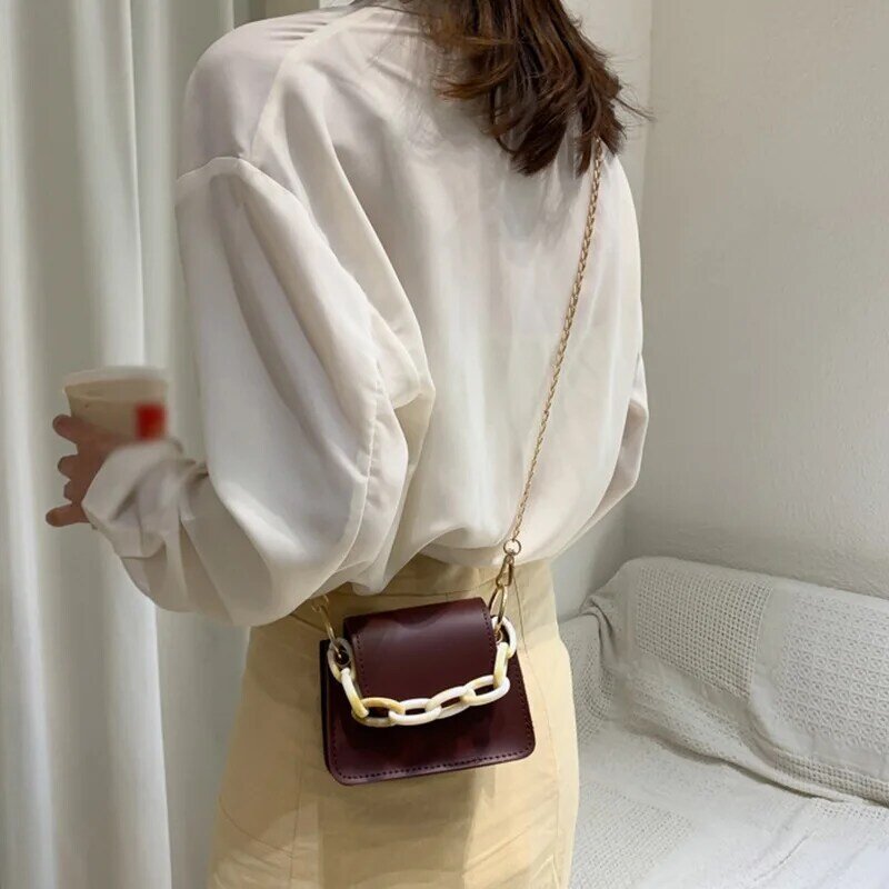 Bolsa feminina acrílico com corrente, bolsa feminina cor sólida carteira de ombro