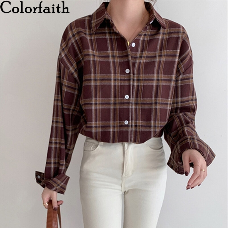 Colorfaith novo 2020 mulheres outono inverno blusas camisas vintage oversize coreano xadrez irregular xadrez selvagem senhora topos bl20112