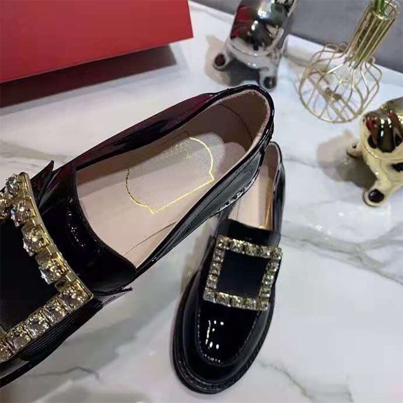 Square Buckle Rhinestone Single Shoes Women's Autumn/winter 2021 Small Leather Shoes British Style Thick-soled Loafers One Pedal