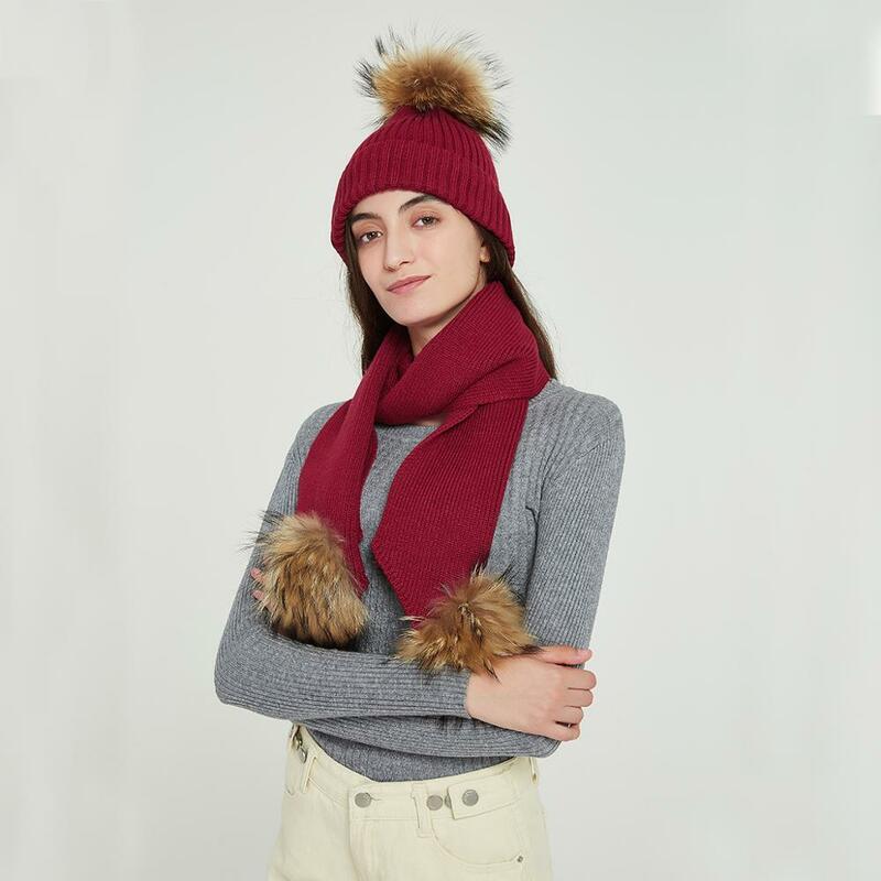 Wixra Fox Fur Ball Cap Poms+Knitted Scarf 2 Piece Set Winter Clothing Beanies Cap New Thick Female Cap Autumn