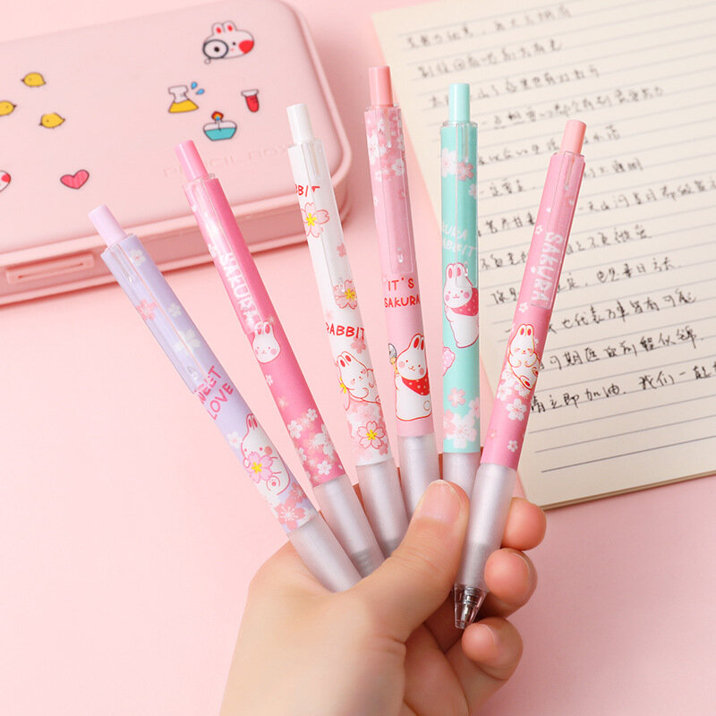 6 Stks/partij Sakura Konijn Onzijdig Pen Eenvoudige Meisje Instagram Druk Zwarte Water Pen Studenten Test Leren Kantoor Druk 0.5Mm gel Pennen