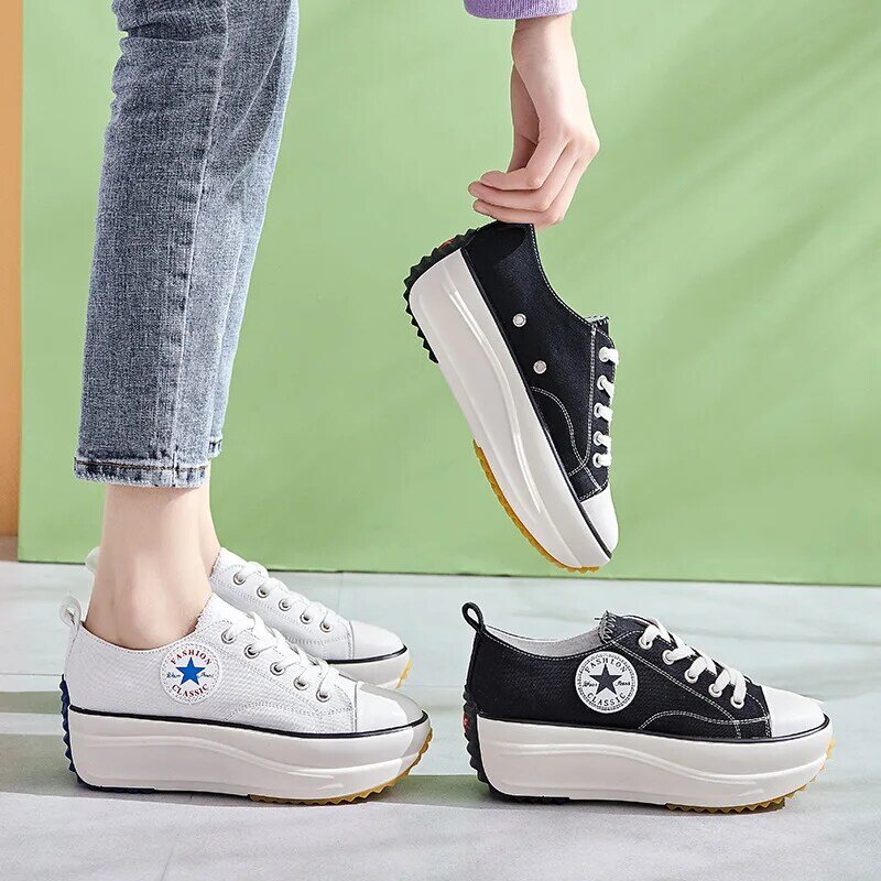 Classic Platform Canvas Women Shoes Retro Lace-up Leather Ladies Casual Sneakers Outdoor Breathable Leisure Footwear White Black
