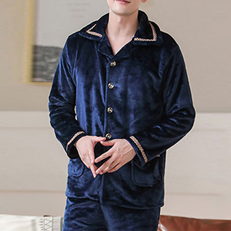 Autumn Winter Thick Warm Flannel Pajama Sets For Men Long Sleeve Coral Velvet Sleepwear Suit Loungewear Homewear Home Clothes
