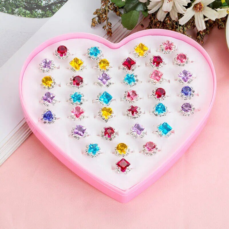 36Pcs/Box Cute Princess Girl Baby Toy Gem Ring Children's Day Gift Kids Rings Adjustable Alloy Pink
