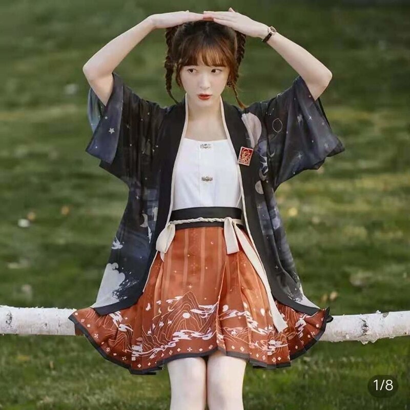 Camiseta fina de estilo chino para mujer, traje de tres piezas de Hanfu, ropa de Primavera/novedad de verano