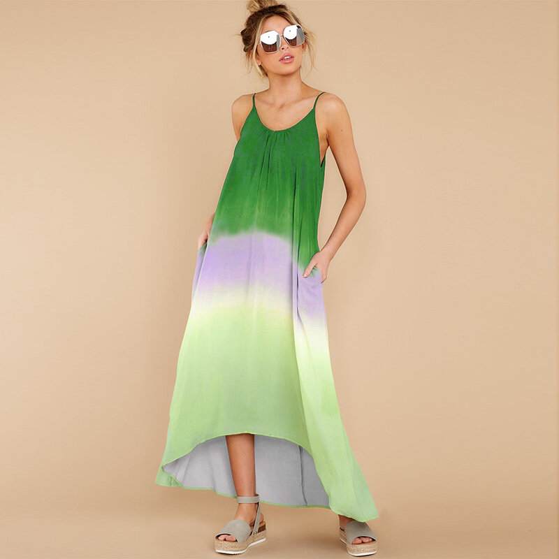 Ygブランド新夏のファッション勾配染色vネックサスペンダードレスセクシーなオープンバックホリデードレス