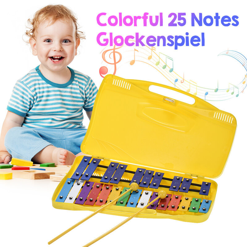 25 Notes 8 Notes Glockenspiel Xylophone Percussion Rhythm Musical Instrument Toy with 2 Mallets Handheld Case for Baby Children