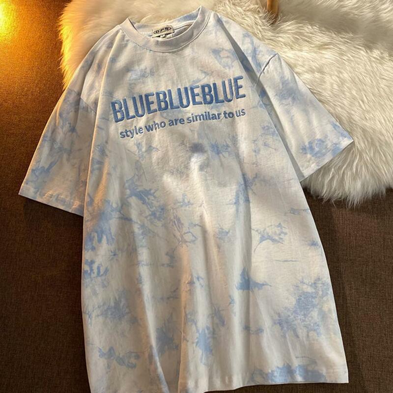 Summer new fashion women's round neck T-shirt letter embroidery tie-dye printing short-sleeved loose top