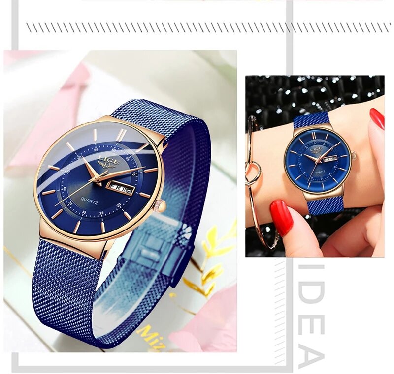 LIGE-relojes de marca de lujo para mujer, reloj de cuarzo ultrafino con calendario semanal, malla de acero inoxidable, resistente al agua, regalo + caja