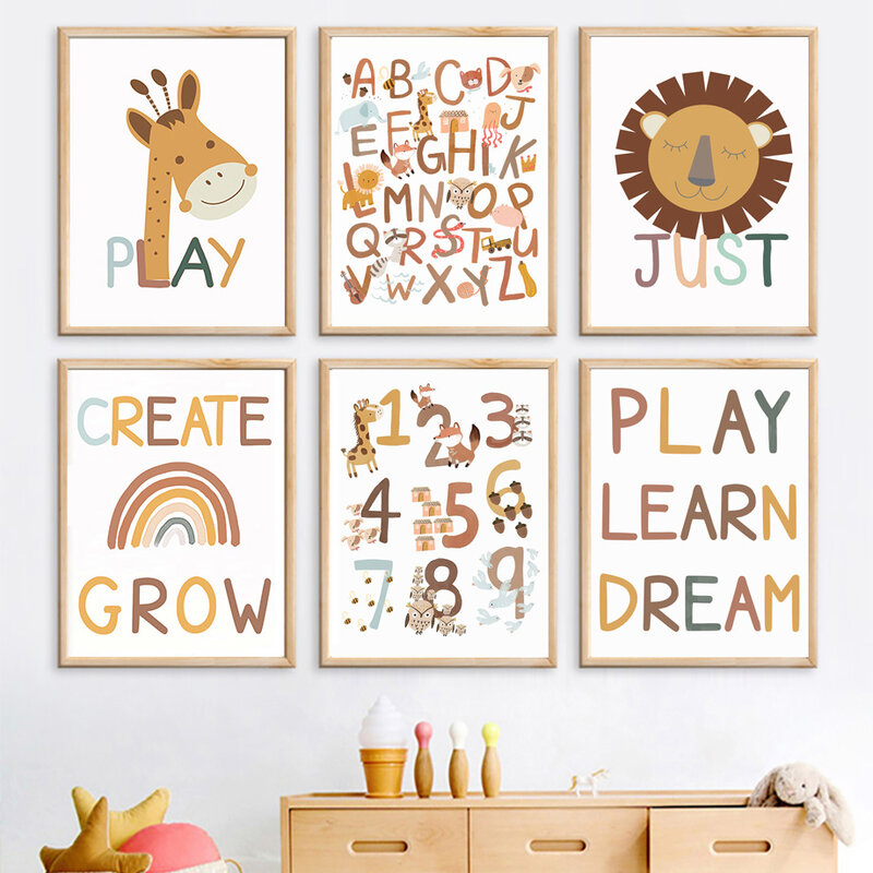Alphabet Numbers Play Giraffe Nursery Education Wall Art Canvas Painting Nordic Poster Print Wall Pictures Kids Baby Room Decor