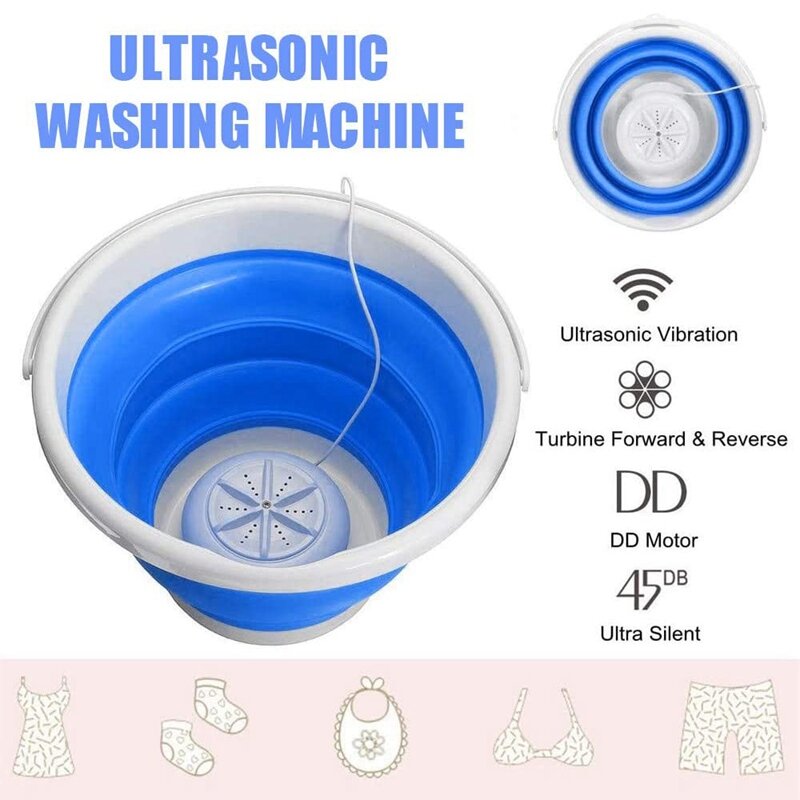 Minimáquina de lavado con bañera plegable portátil, turbinas ultrasónicas personales, lavadora USB, lavandería práctica para acampar