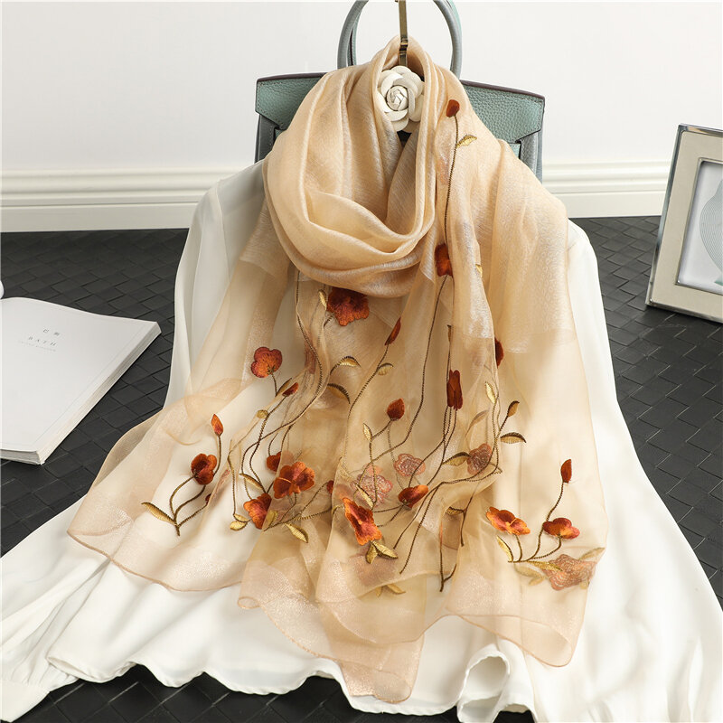 Luxus Marke Silk Schal für Frauen Stickerei Wolle Floral Schal Wrap Hijab Foulard Weibliche Muslimischen Kopftuch Pashmina Stirnband 2021