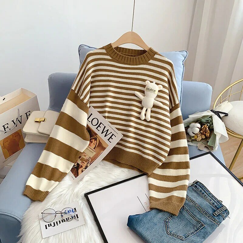 EBAIHUI Cropped Striped Sweater O-neck Pullover Contrast Color Knitted Jumpers Women Fashion Cute Bear Appliques Sweaters