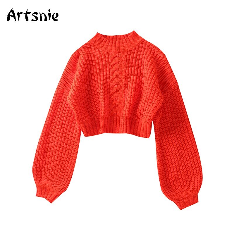 Artsnie冬のタートルネックのセーター女性ちょうちん袖暖かいプルファム-甘い赤ニットセータージャンパー女性クロップ