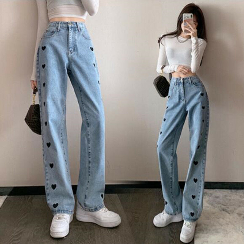 Calças de brim retas femininas plus size calças jeans de cintura alta perna larga streetwear vintage comprimento total primavera verão
