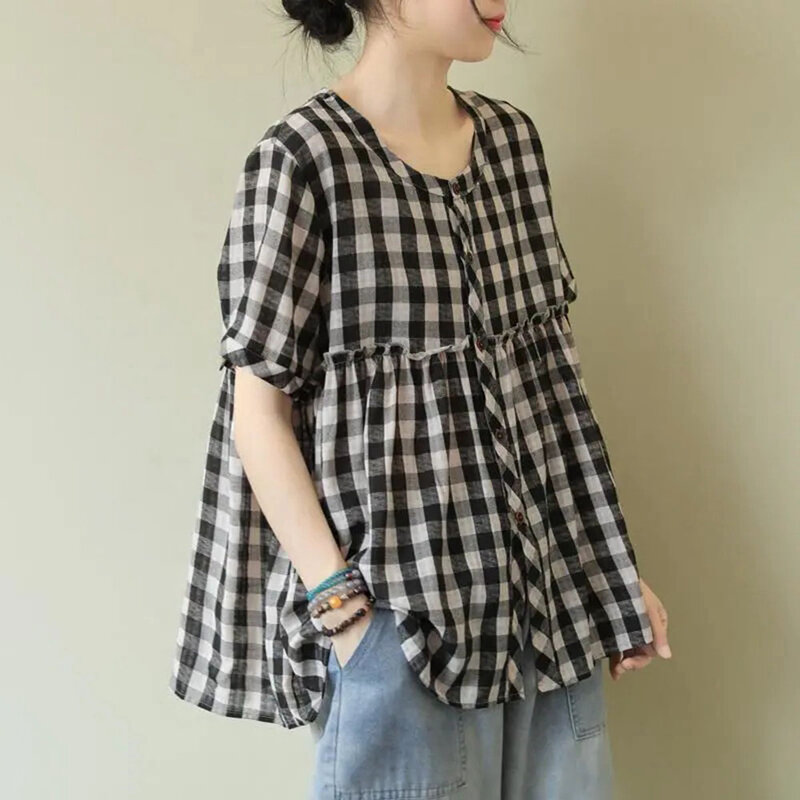 Túnica de manga corta para mujer, Tops Vintage, bata estilo camisa de retazos, blusa de talla grande de algodón y lino