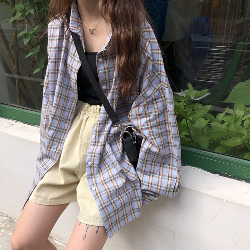 New Arrival Women Vintage Plaid Oversized Blouse Batwing Sleeve Turn Down Collar Purple Shirt Button Up Casual Tops T04007F