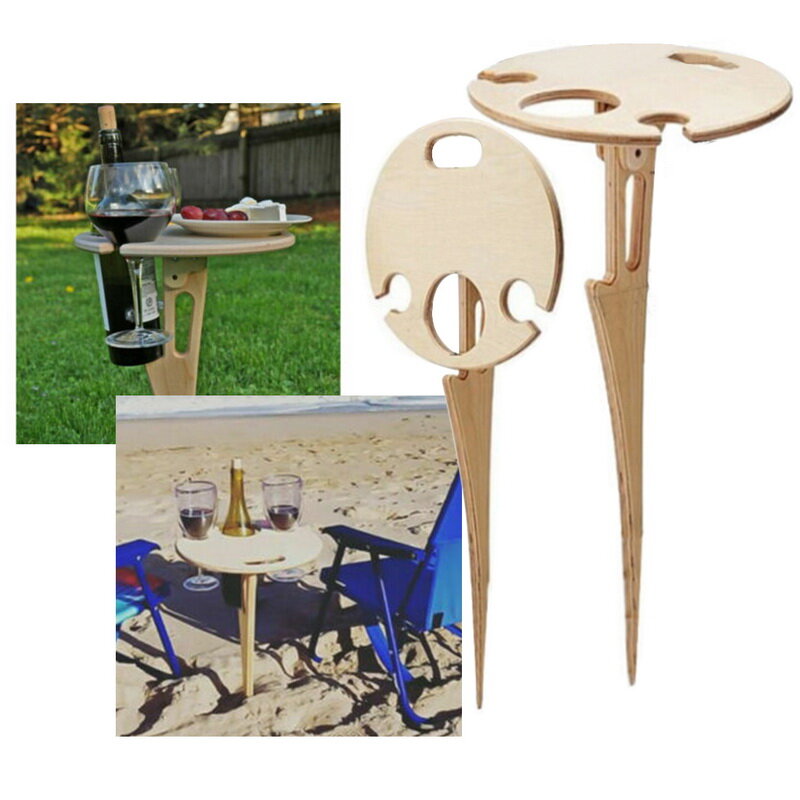 2021 New Outdoor Wine Table with Foldable Round Desktop Mini Wooden Picnic Table Easy To Carry Wine Rack Wooden Wine Table