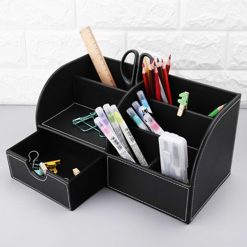 7 Storage Compartments Multifunctional Leather Office Desktop Organizer Business Card Pen Pencil Mobile Phone Holder Storage