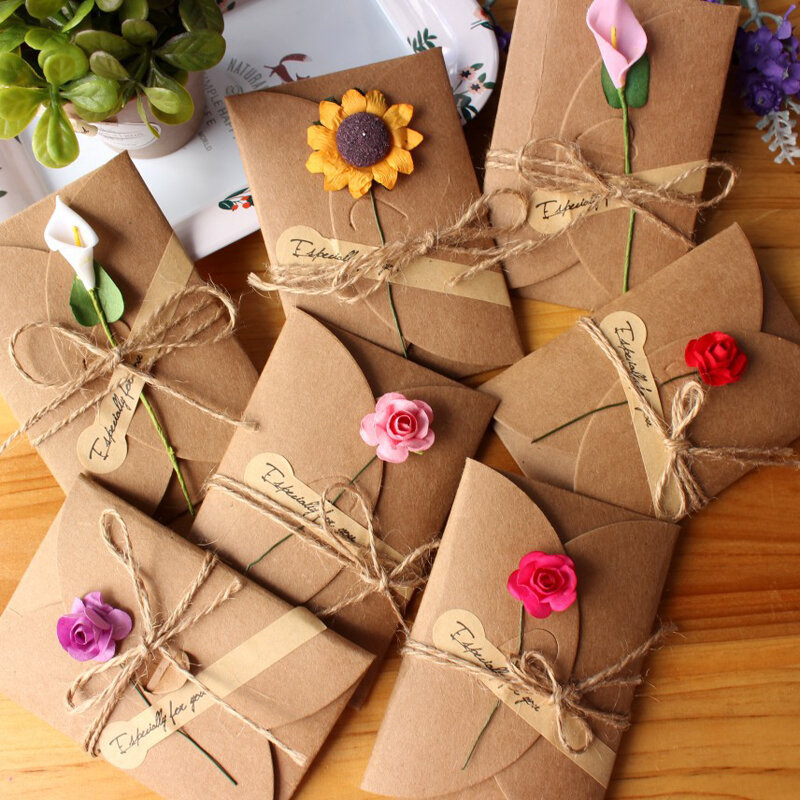5pcs Mini Envelope Vintage DIY Kraft Paper Invitation Greeting Card with Fashion Handmade Dry Flower Wedding Party Gift Envelope