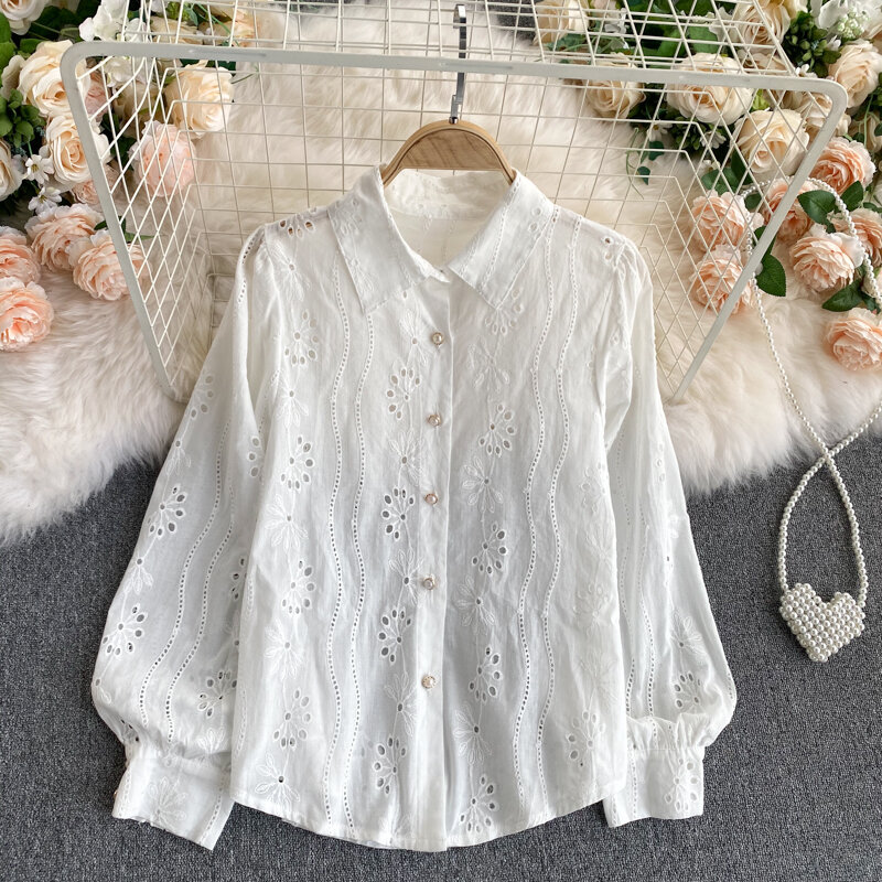 Autunno Vintage colletto rovesciato scava fuori camicetta ricamata donna Casual camicia allentata bianca top monopetto femminile moda