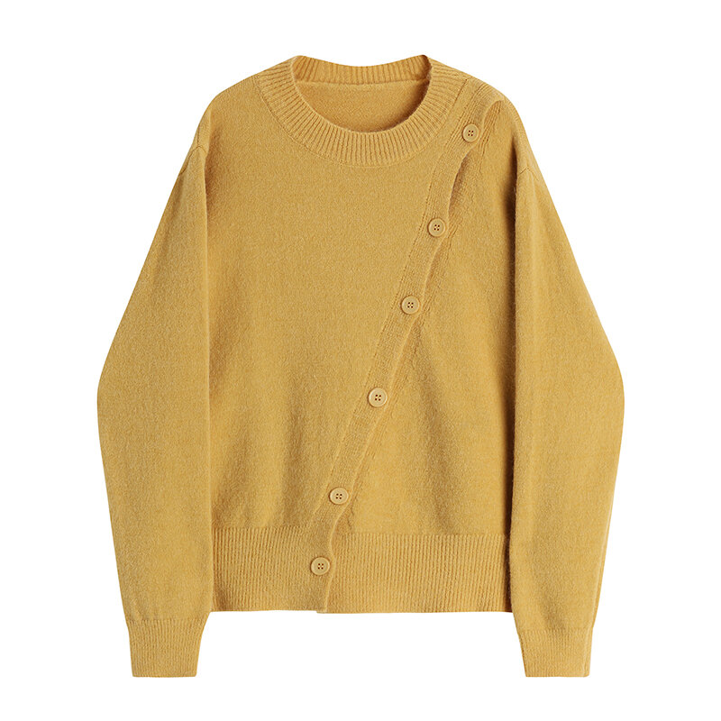 Suéter de punto de estilo coreano para mujer, jerseys de Color sólido, cuello redondo, manga larga, Top de punto asimétrico informal, otoño e invierno, novedad de 2021