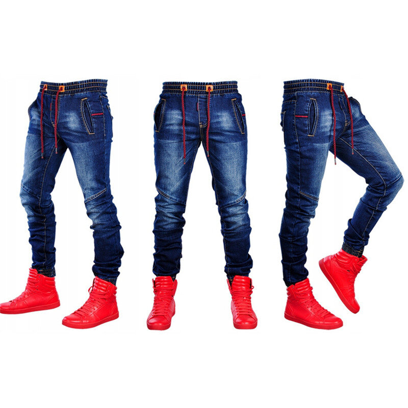 Men Hot Skinny Jeans Ripped Grid Patchwork Stretch Denim Pants Elastic Hip-Hop Jogging Pencil Pants 2021 Men's Clothing
