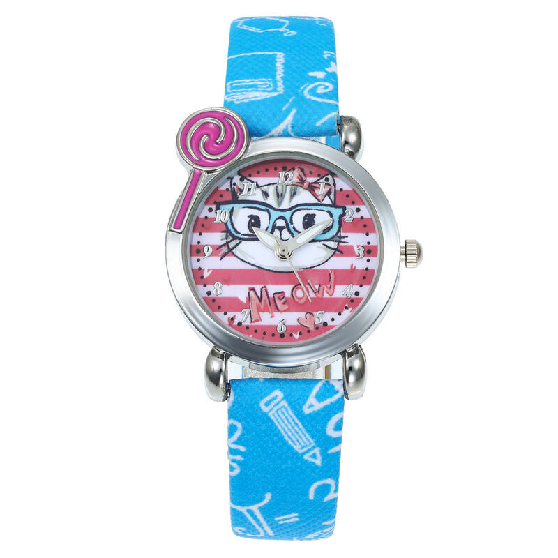 Moda quente marca dos desenhos animados bonito óculos gato crianças meninas meninos pulseira de couro relógio de pulso