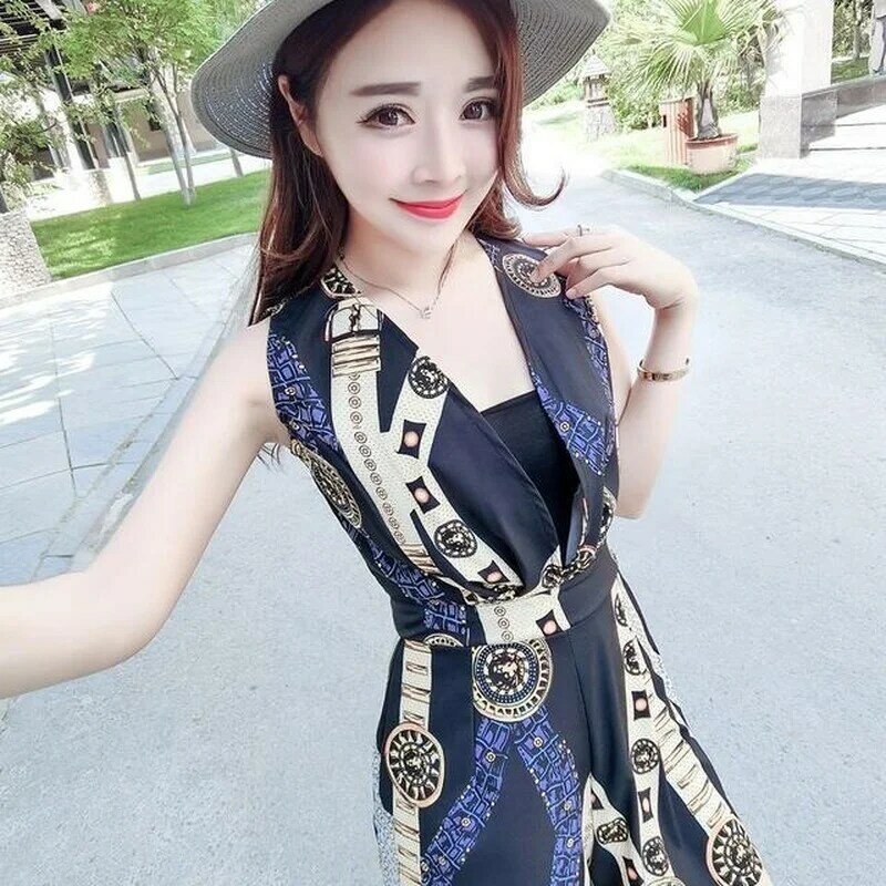 High-waisted Printing Loose Rompers Playsuits 2022 Summer V-neck Sleeveless Ladies High Street Overalls Jumpsuits Women Y518