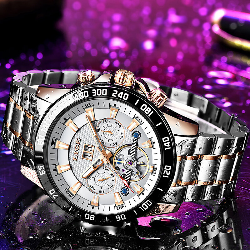 LIGE Skeleton Tourbillonนาฬิกาผู้ชายอัตโนมัติClassic Rose Goldทั้งหมดเหล็กนาฬิกาข้อมือนาฬิกาReloj Hombre 2020