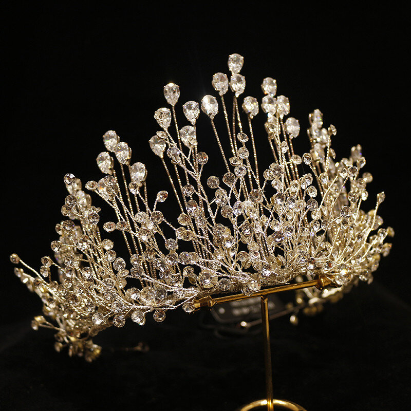 Diademas grandes de corona de cristal, hechos a mano diamantes de imitación, rama de sombra, accesorios de boda, corona, joyería de boda, moda 2021