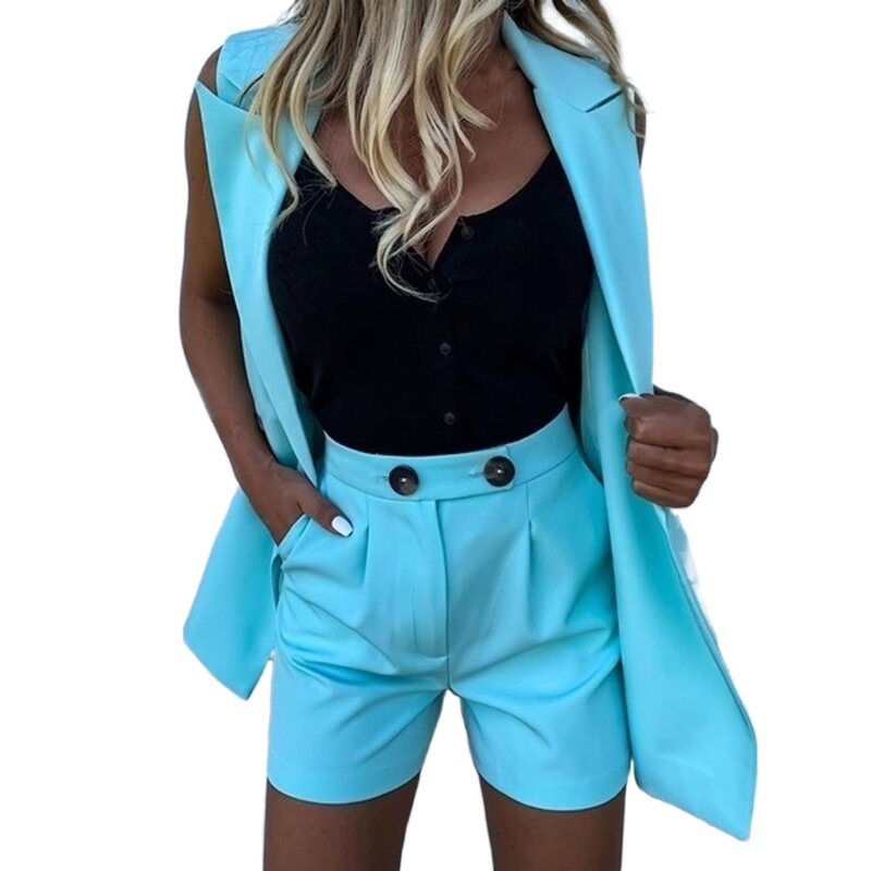 Two Pieces Sets For Women Casual Suits Solid Sleeveless Vest Jackets Tops And Wide Leg High Waist Shorts